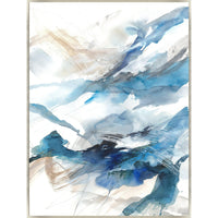 Abstract giclee canvas painting with blue, beige, and white brushstrokes, unframed.