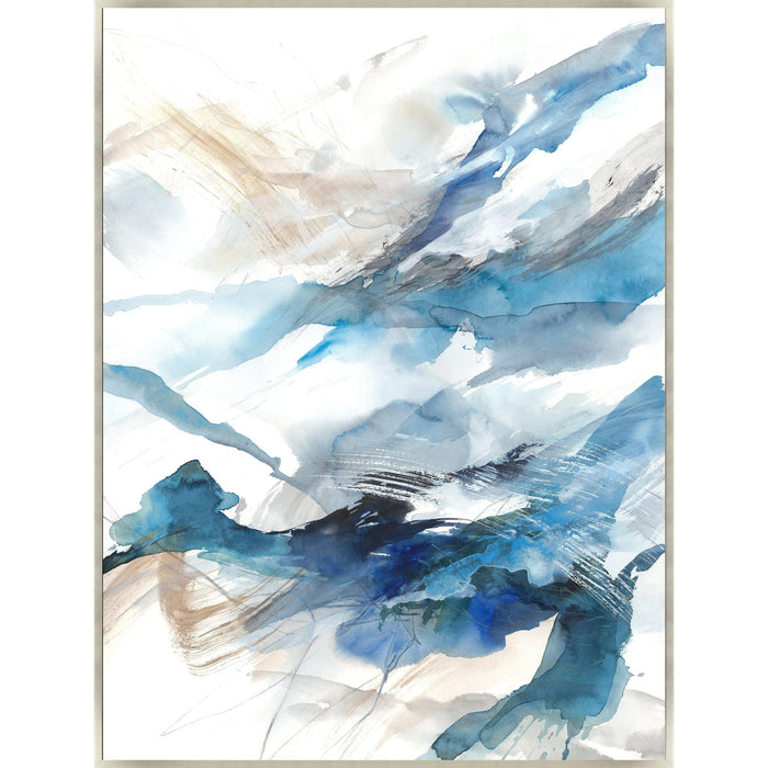 Abstract giclee canvas painting with blue, beige, and white brushstrokes, unframed.