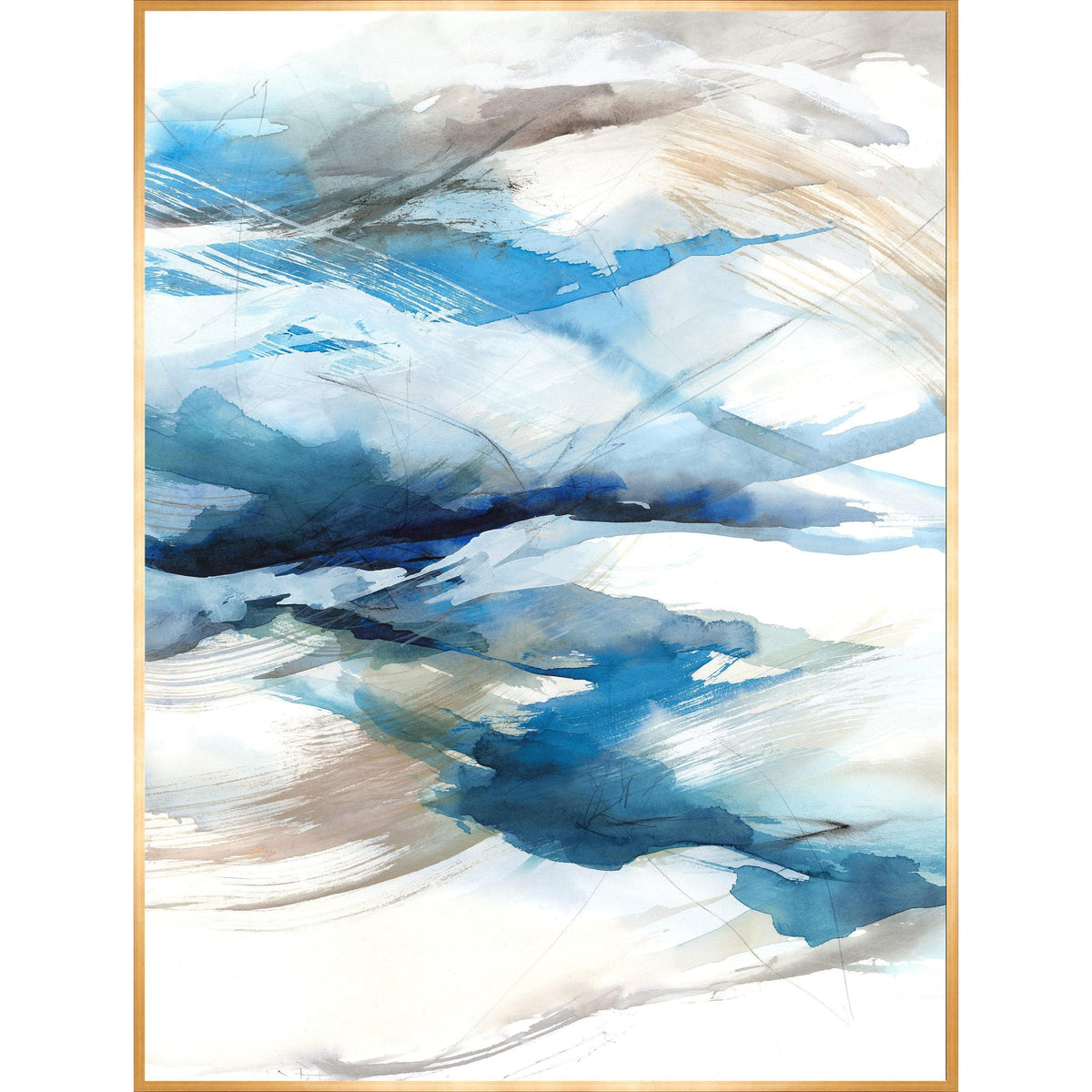 Abstract giclee canvas painting with blue, white, and beige brushstrokes, framed in gold.