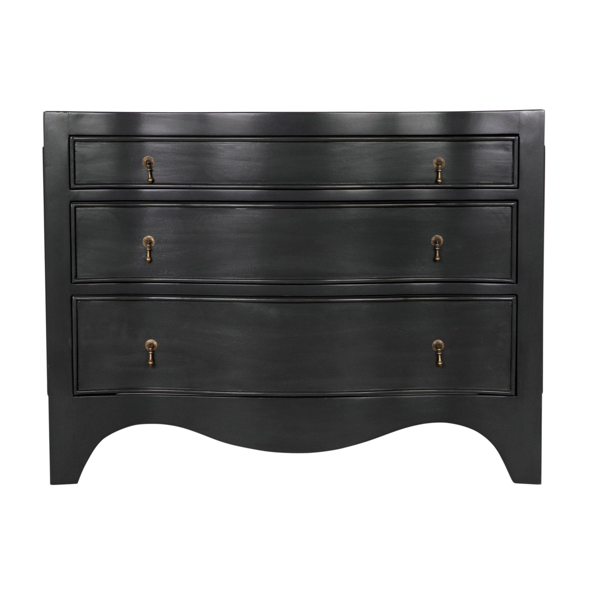 Brentford Scalloped Pale Black Dresser: traditional mahogany three-drawer dresser with pale black finish and brass hardware.