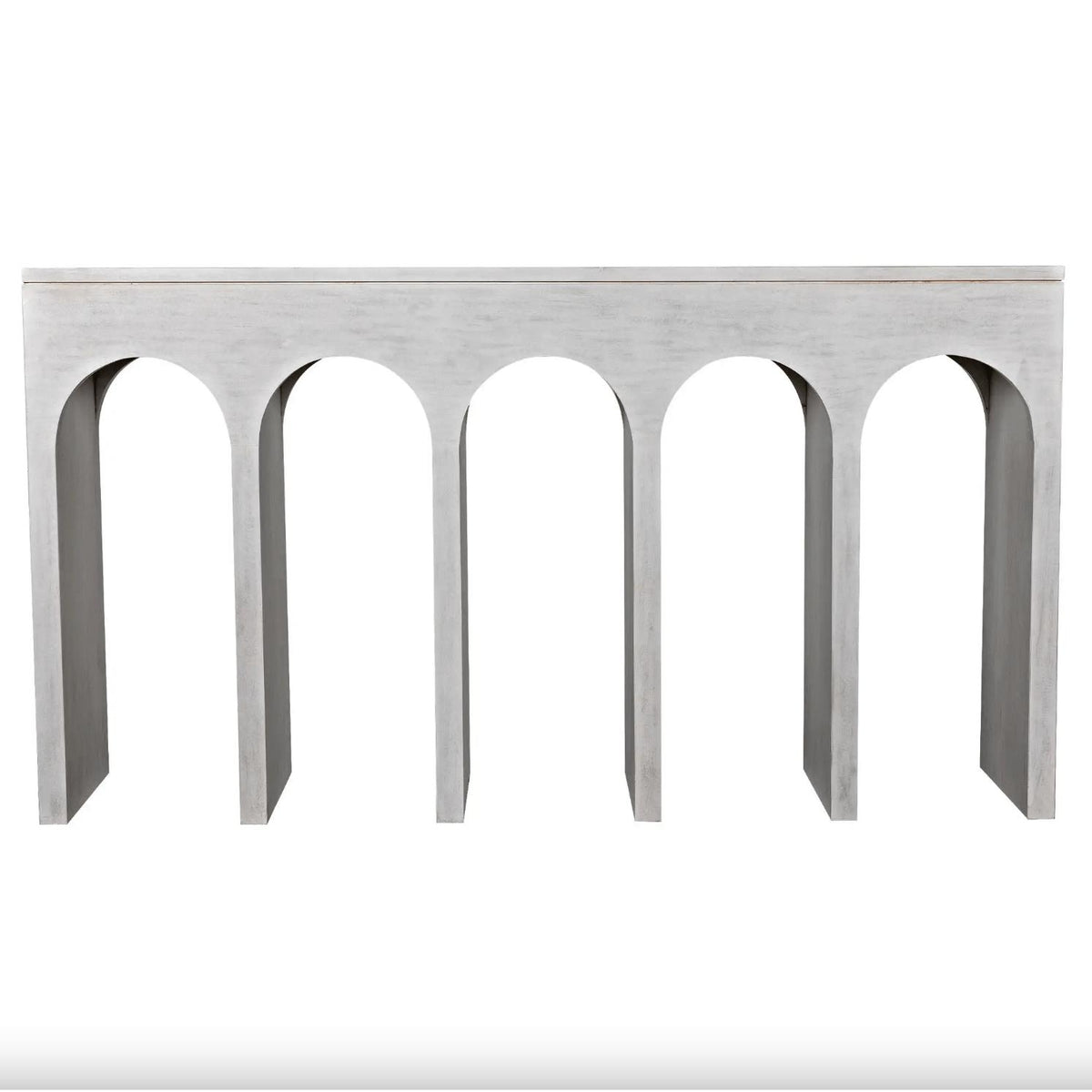 White mahogany Bridge Console Table with five arched supports, 59" wide.