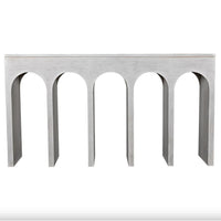 White mahogany Bridge Console Table with five arched supports, 59" wide.