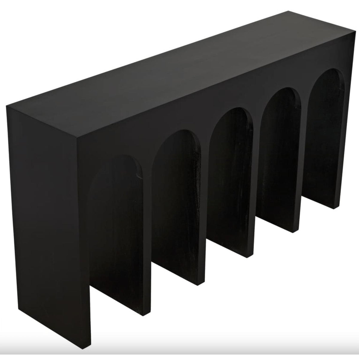 Black mahogany Bridge Console Table with four arched supports.