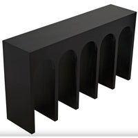 Black mahogany Bridge Console Table with four arched supports.