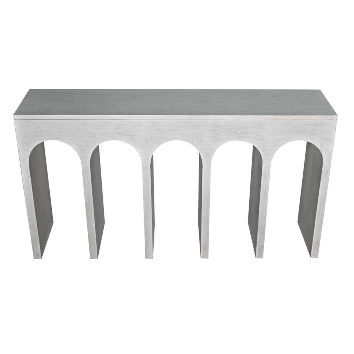 Light gray mahogany Bridge Console Table with a suspension bridge-inspired arched design.