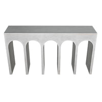 Light gray mahogany Bridge Console Table with a suspension bridge-inspired arched design.