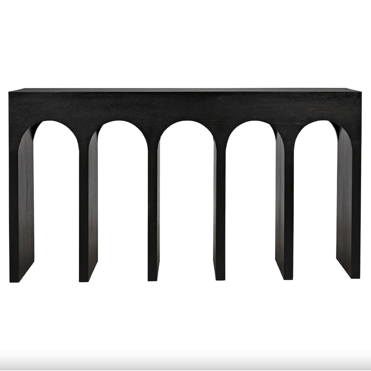 Black mahogany Bridge Console Table with arched supports, 59"W x 32"H.