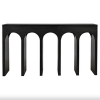 Black mahogany Bridge Console Table with arched supports, 59"W x 32"H.