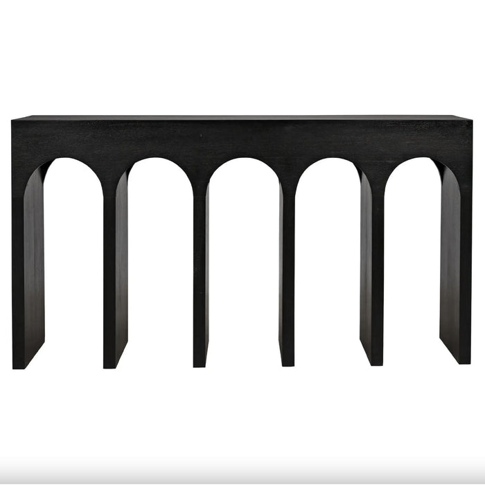 Black mahogany Bridge Console Table with arched supports, 59"W x 32"H.