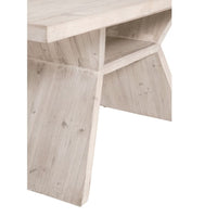 Bridge Dining Table: Reclaimed wood with white wash finish and modern angular pedestal base.