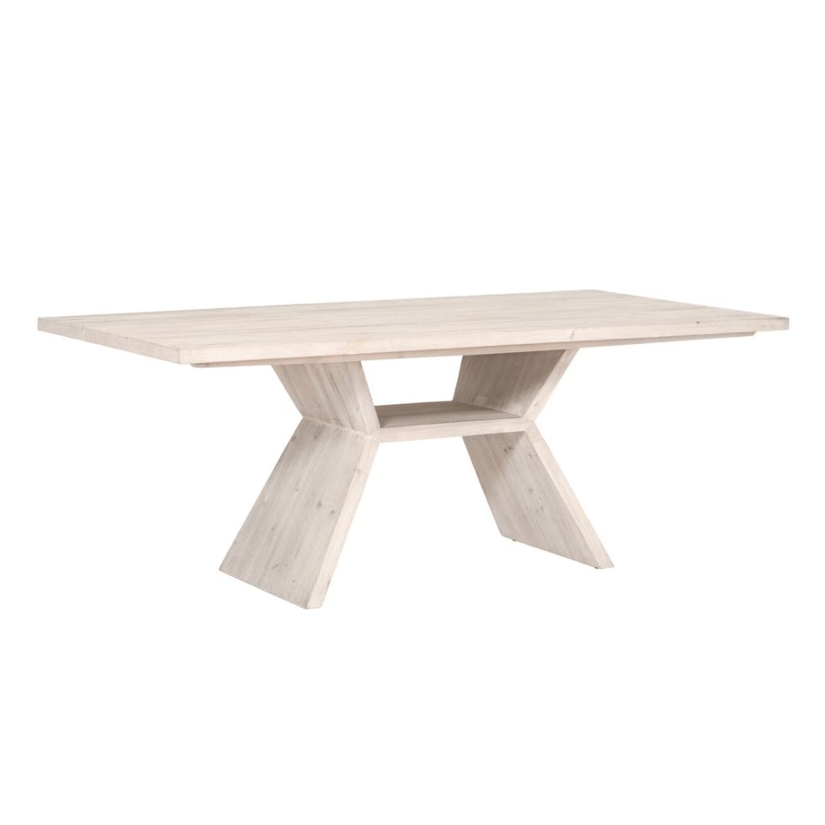 Bridge Dining Table: Reclaimed wood with white wash finish, modern angular pedestal base.