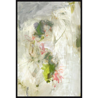 Abstract giclee painting with layered green, pink, and gray brushstrokes in a black frame.