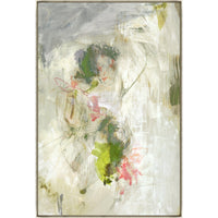 Abstract giclee painting with layered green, pink, and gray brushstrokes, framed in light wood.