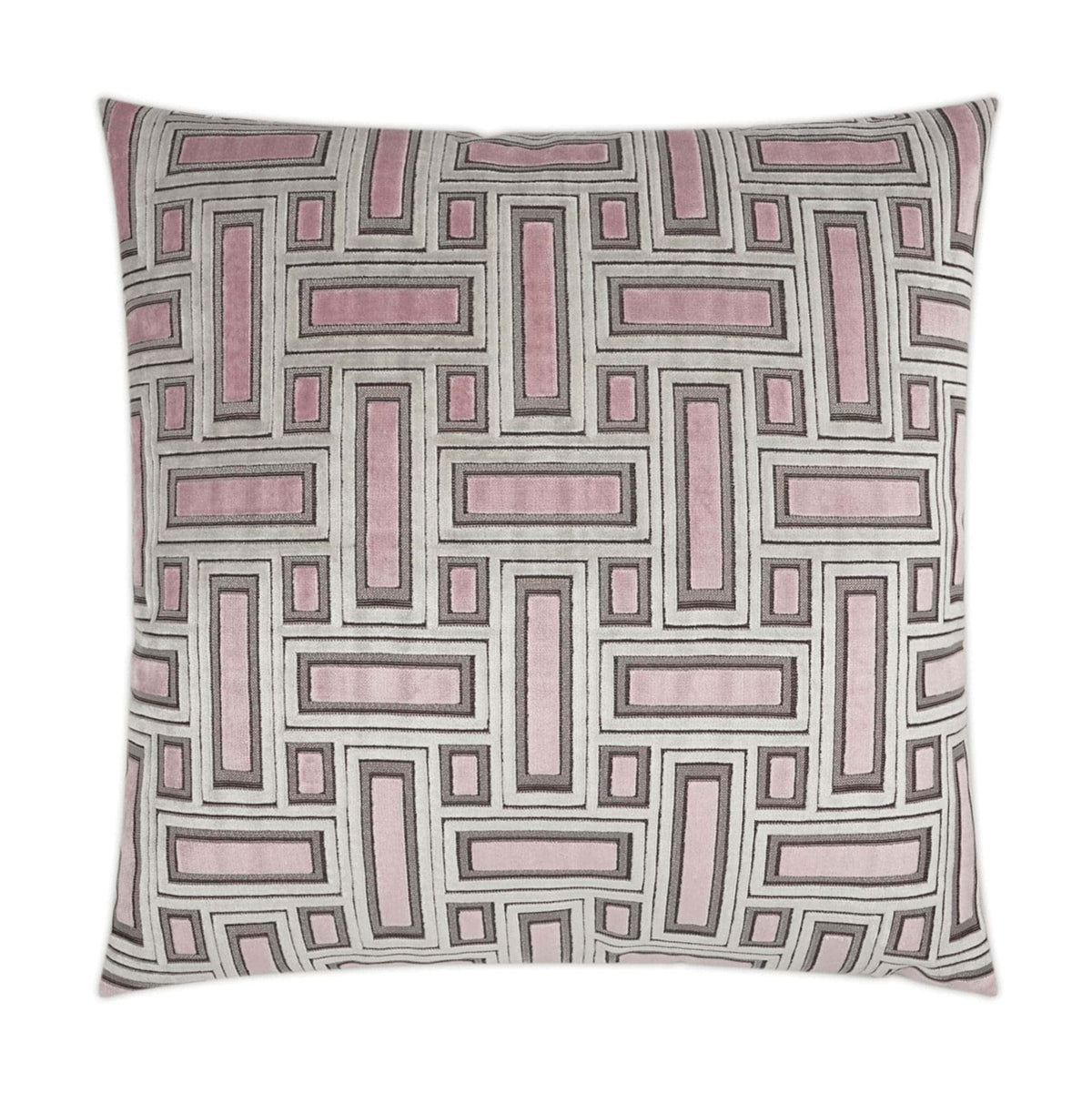 Brix Bella Blush Throw Pillow: 24x24 luxury designer pillow with pink, gray, and white geometric pattern.