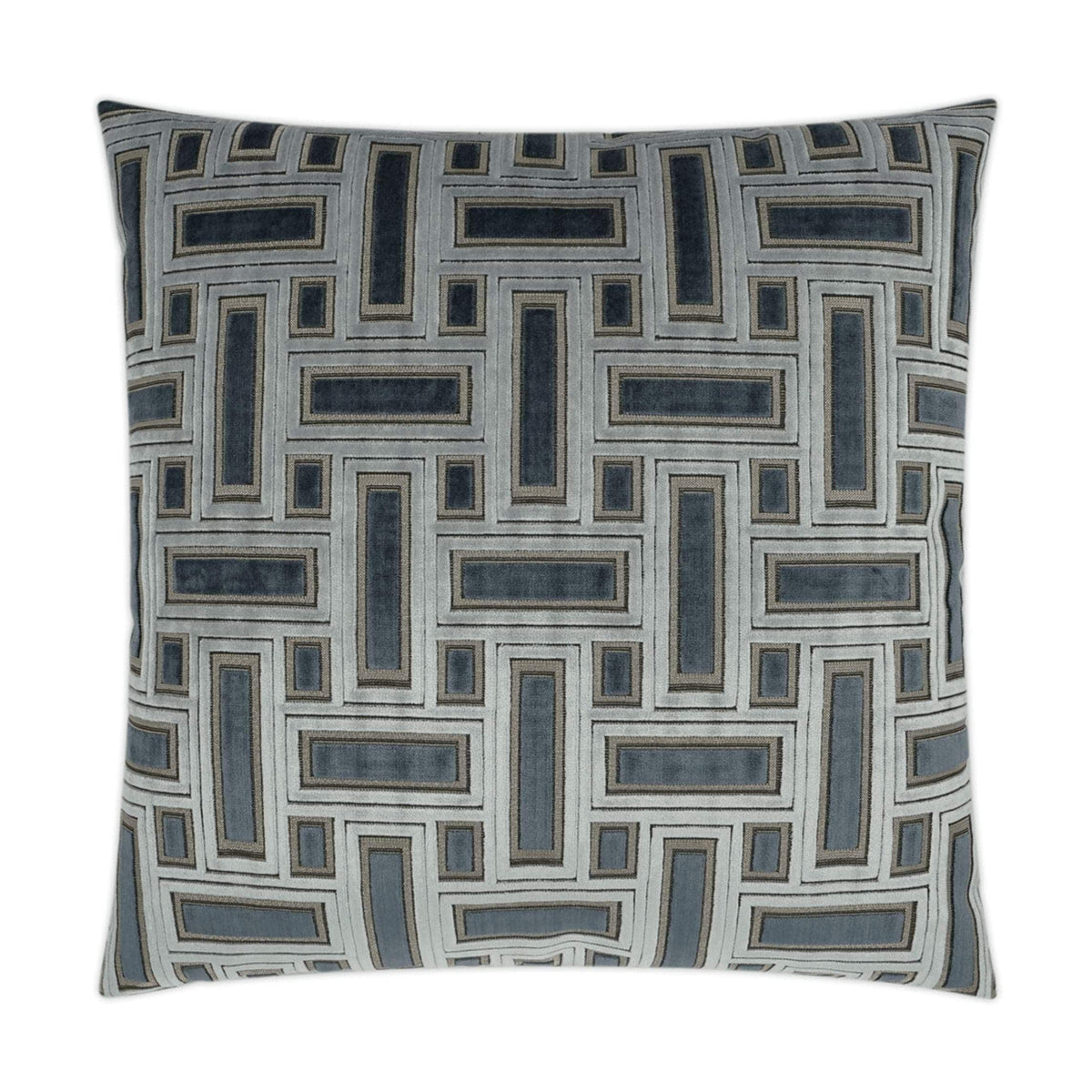 Brix Haze 24x24 throw pillow with a geometric pattern in shades of blue, grey, and beige.