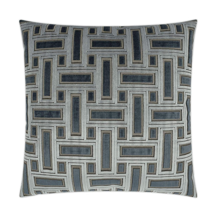 Brix Haze 24x24 throw pillow with a geometric pattern in shades of blue, grey, and beige.
