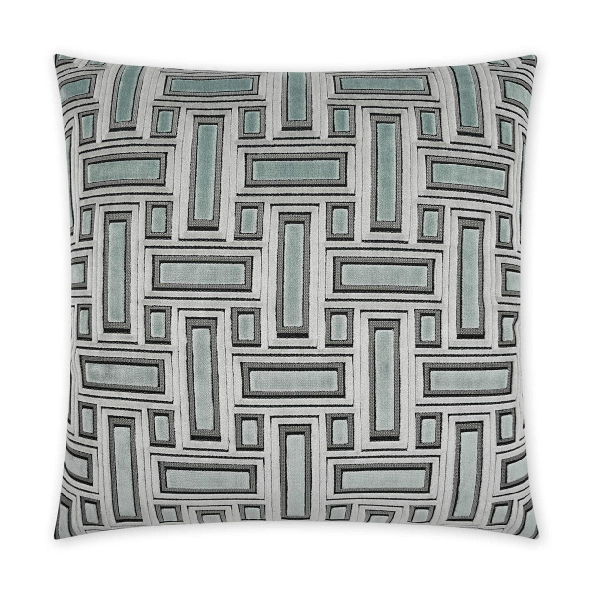 Square Brix Mist throw pillow with a geometric pattern of teal, grey, and white rectangles.