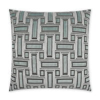 Square Brix Mist throw pillow with a geometric pattern of teal, grey, and white rectangles.