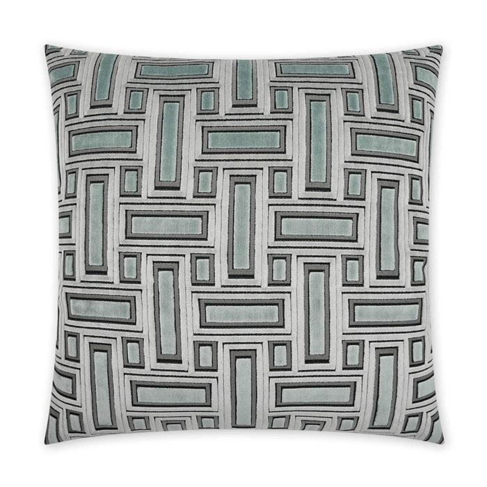 Square Brix Mist throw pillow with a geometric pattern of teal, grey, and white rectangles.