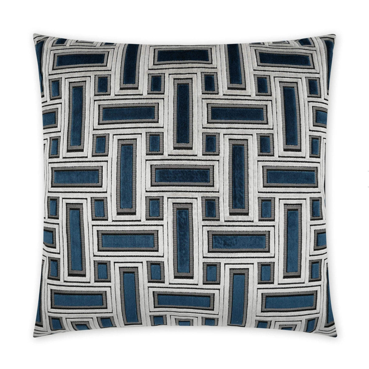 Brix Sapphire 24" square throw pillow with a geometric pattern in blue, gray, and white.
