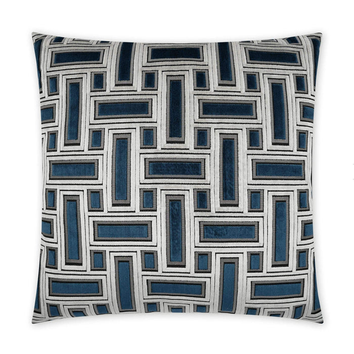 Brix Sapphire 24" square throw pillow with a geometric pattern in blue, gray, and white.