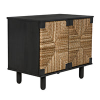 Black mahogany sideboard with two sea grass woven doors and dark legs.