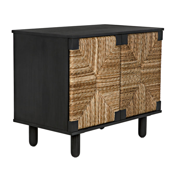 Black mahogany sideboard with two sea grass woven doors and dark legs.