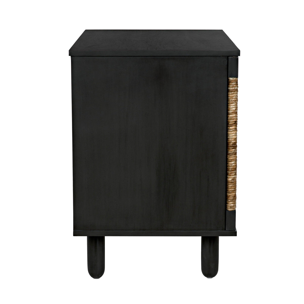 Black mahogany sideboard with natural sea grass door accents and rounded legs.