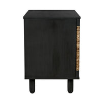 Black mahogany sideboard with natural sea grass door accents and rounded legs.