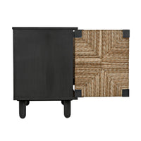 Brook 2-door black mahogany and natural sea grass sideboard with one door open.