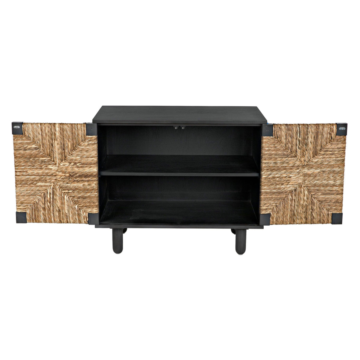 Brook 2 Door Black & Sea Grass Sideboard with open doors revealing two shelves.