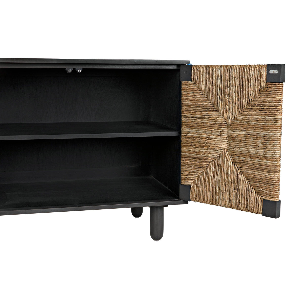 Black mahogany sideboard with one open sea grass door revealing two internal shelves.