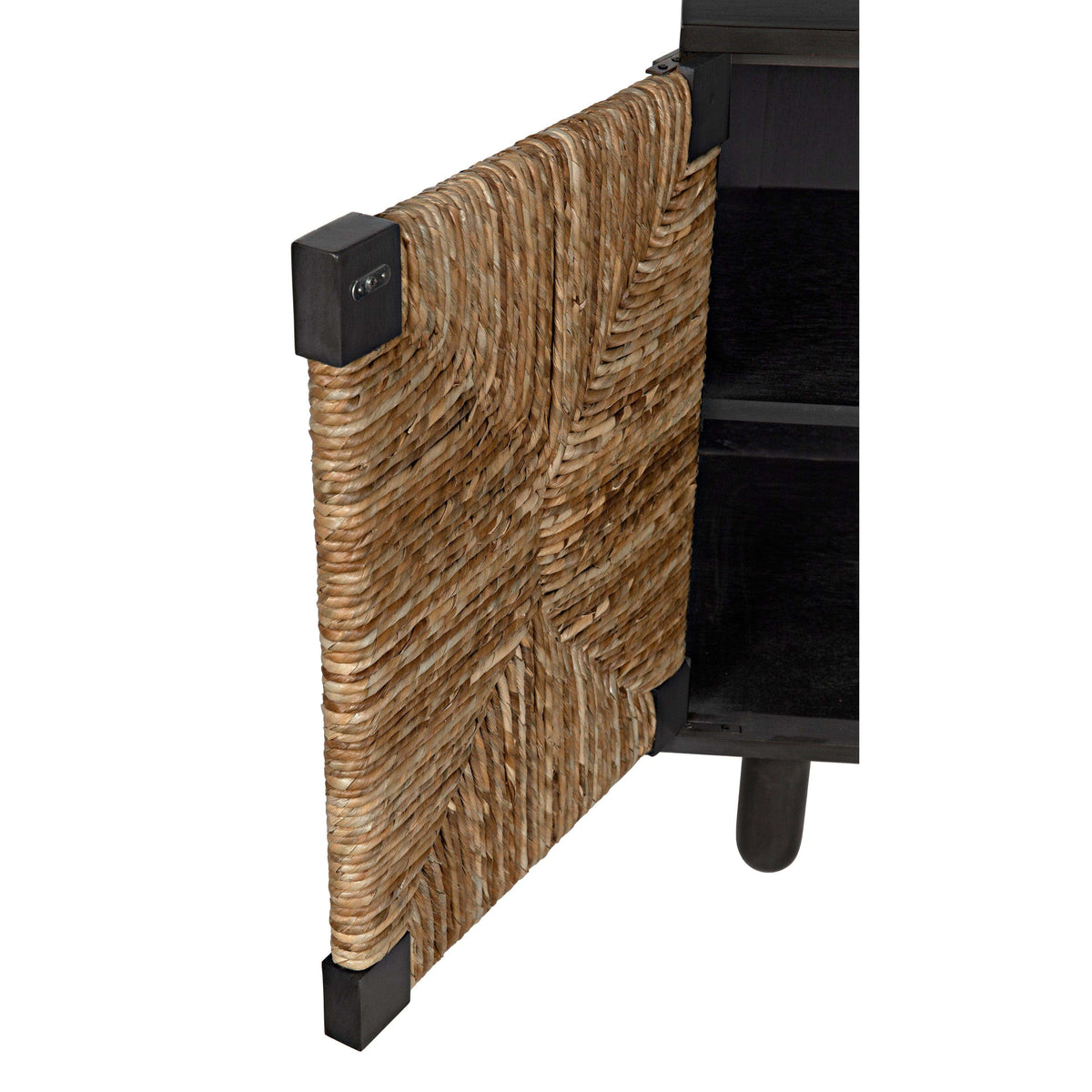 Brook 2-door black mahogany and natural sea grass sideboard with open door revealing shelves.