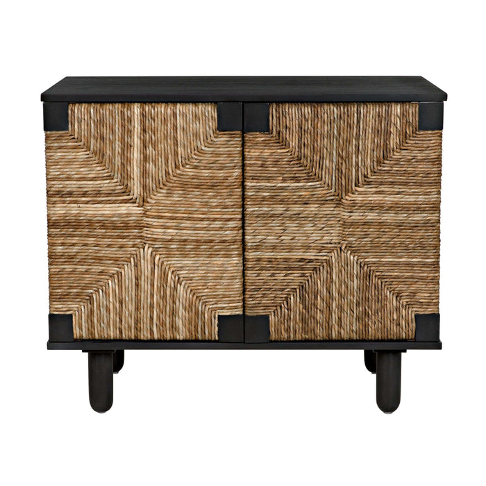 Brook 2 Door Black & Sea Grass Sideboard with woven natural sea grass doors and dark mahogany top.