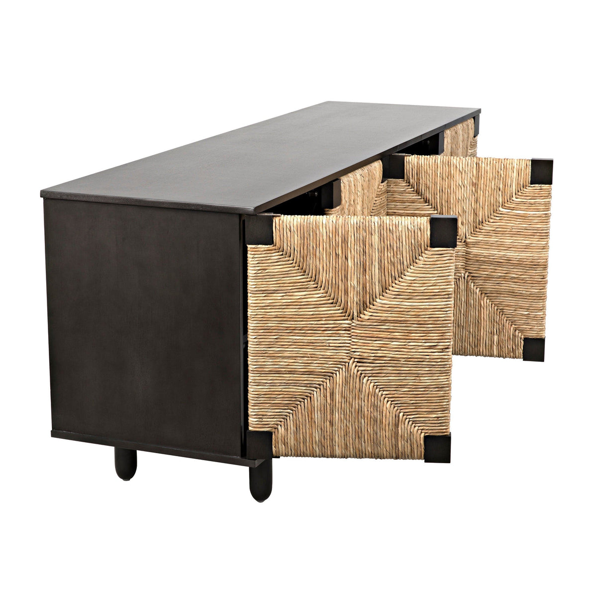 Brook 4-door black mahogany and natural sea grass sideboard with two open woven doors.