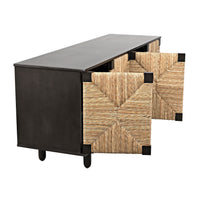 Brook 4-door black mahogany and natural sea grass sideboard with two open woven doors.