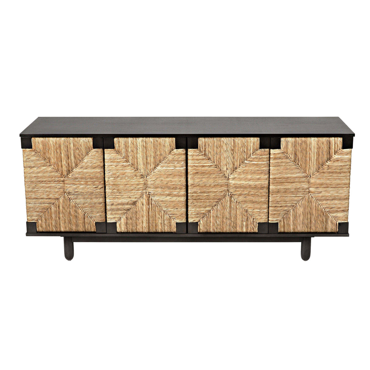Brook 4-door black mahogany and natural sea grass sideboard with woven diamond pattern.