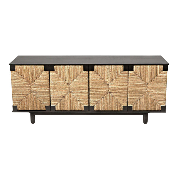 Brook 4-door black mahogany and natural sea grass sideboard with woven diamond pattern.
