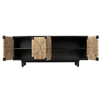 Brook 4-door black mahogany and sea grass sideboard with open doors revealing shelves.