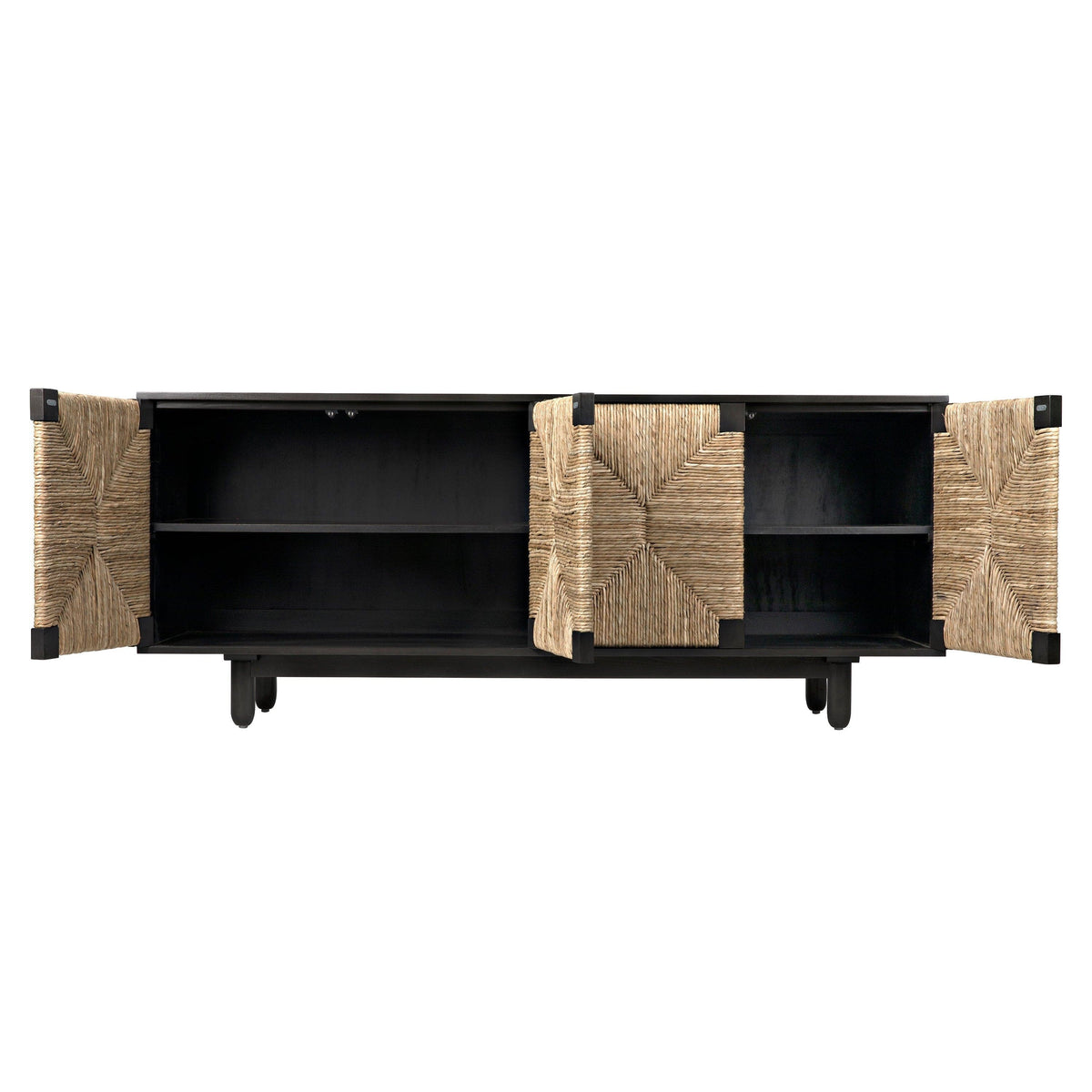 Brook 4-door black mahogany and sea grass sideboard with all doors open, revealing interior shelves.