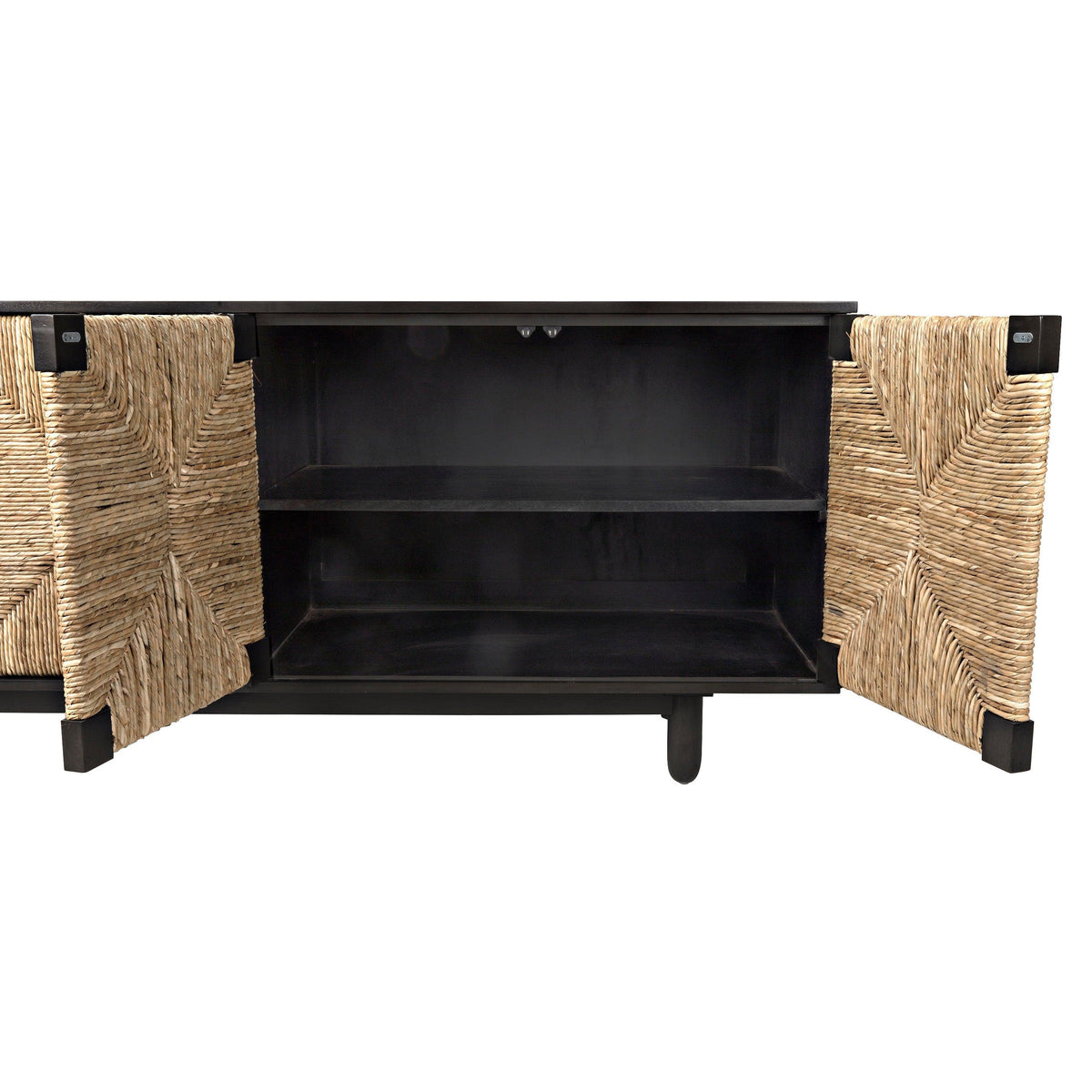 Brook 4-door black mahogany and natural seagrass sideboard with open doors revealing fixed shelves.