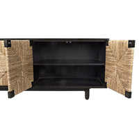 Brook 4-door black mahogany and natural seagrass sideboard with open doors revealing fixed shelves.