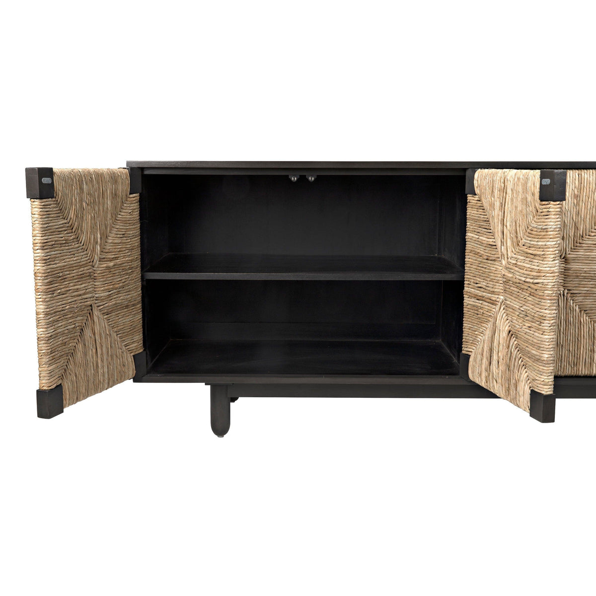 Brook 4-door black mahogany and natural sea grass sideboard with open doors revealing fixed shelves.