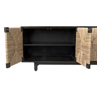Brook 4-door black mahogany and natural sea grass sideboard with open doors revealing fixed shelves.