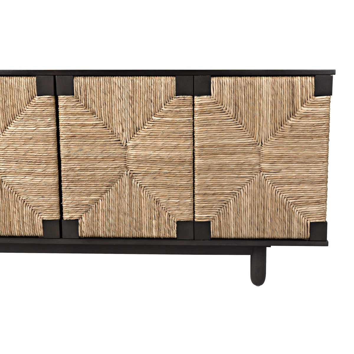 Brook 4-door black mahogany and natural sea grass sideboard with woven geometric pattern.