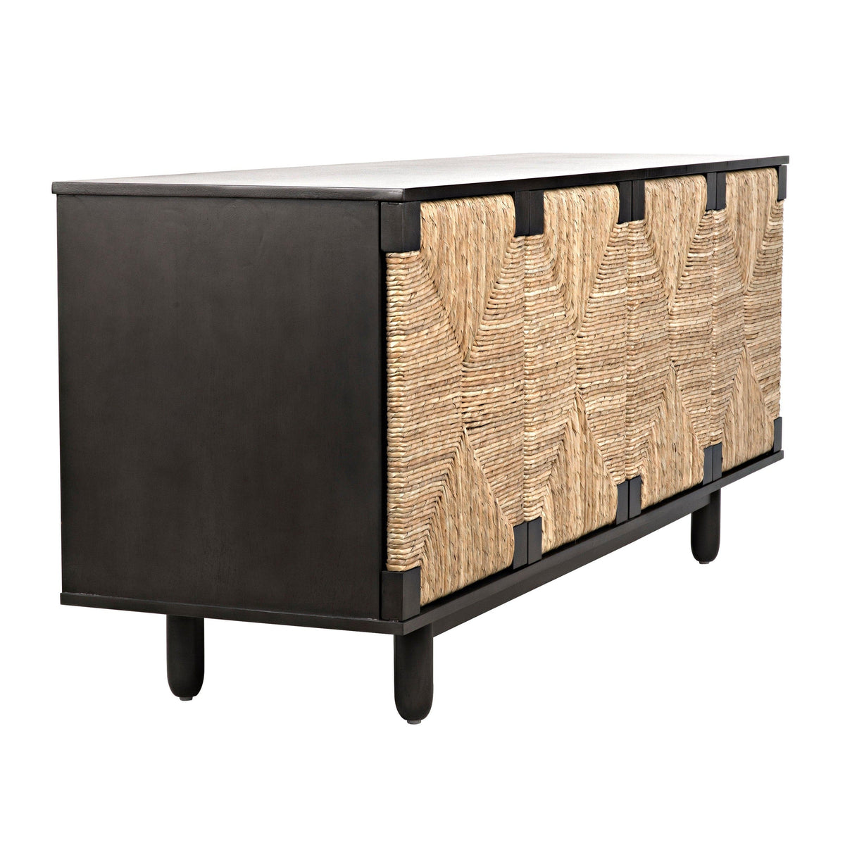 Brook 4-door black mahogany and natural sea grass sideboard with two lower compartments.