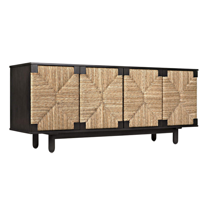 Brook 4-door black mahogany and natural sea grass sideboard with woven diamond pattern.