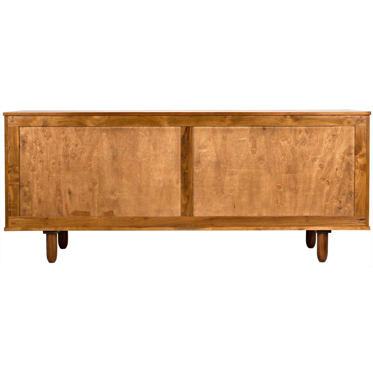 Back of a Brook 4 Door Teak Sideboard, solid mahogany with natural sea grass, mid-century modern style.