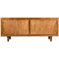 Back of a Brook 4 Door Teak Sideboard, solid mahogany with natural sea grass, mid-century modern style.