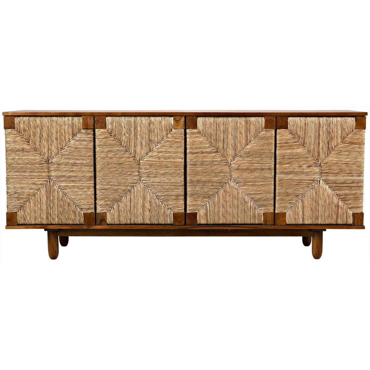 Brook 4-door teak sideboard with woven natural sea grass doors and solid mahogany frame.